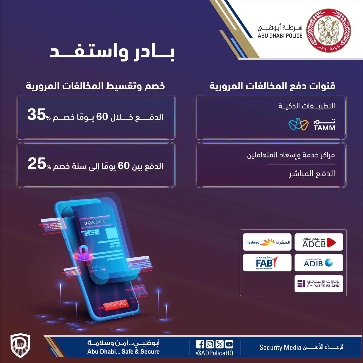 ما نسبة الخصم في المخالفات المرورية بأبوظبي؟