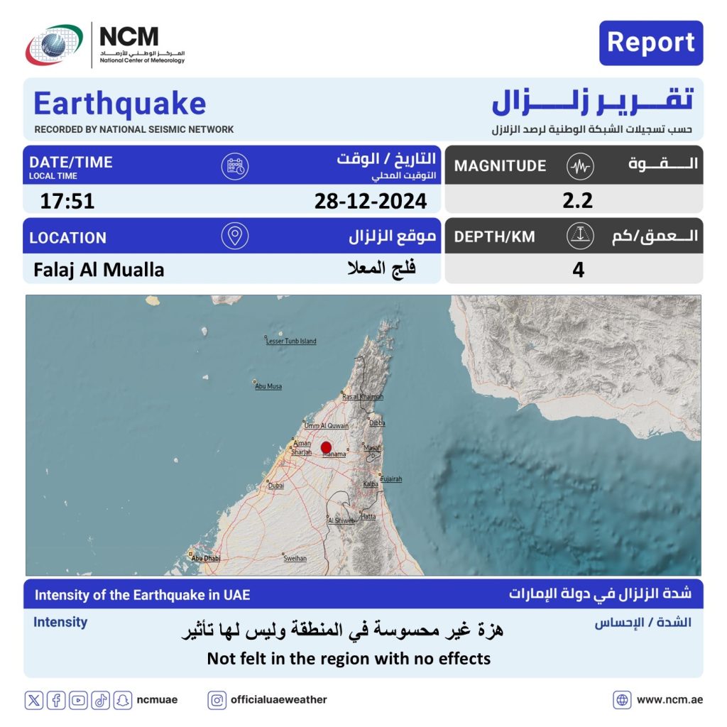 هزة بقوة 2.2 درجة في فلج المعلا