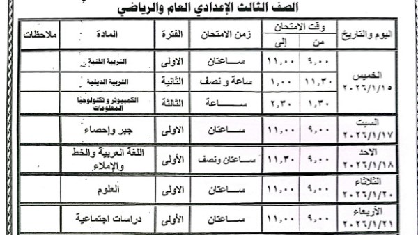 جدول امتحانات الشهادة الإعدادية 2026 الترم الأول .. صور وتفاصيل عاجلة