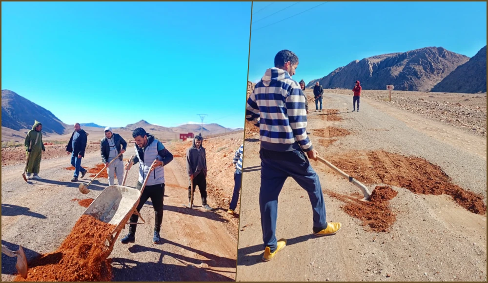 بوسائل بدائية.. ساكنة “إمضغر” بورزازات تواجه العزلة بـ “ترقيع” الطريق بالتراب